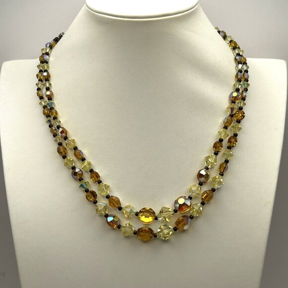 Vintage Two Strand Amber Yellow Aurora Borealis Glass Bead Facet Necklace 1950s - Picture 12 of 12